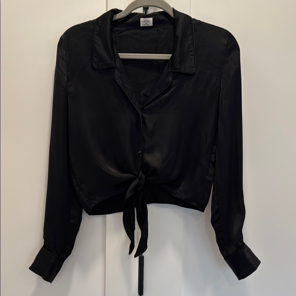 Satin Black Tie-Front Blouse